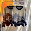 Yan Yu Herfst Kleurblok Jacquard Gebreide Kleding: Top met Lange Mouwen, Ronde Hals, Losse Pasvorm