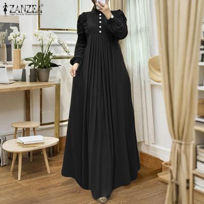 Damen Casual Rundhals Locker Langarm Kaftan Langes Kleid