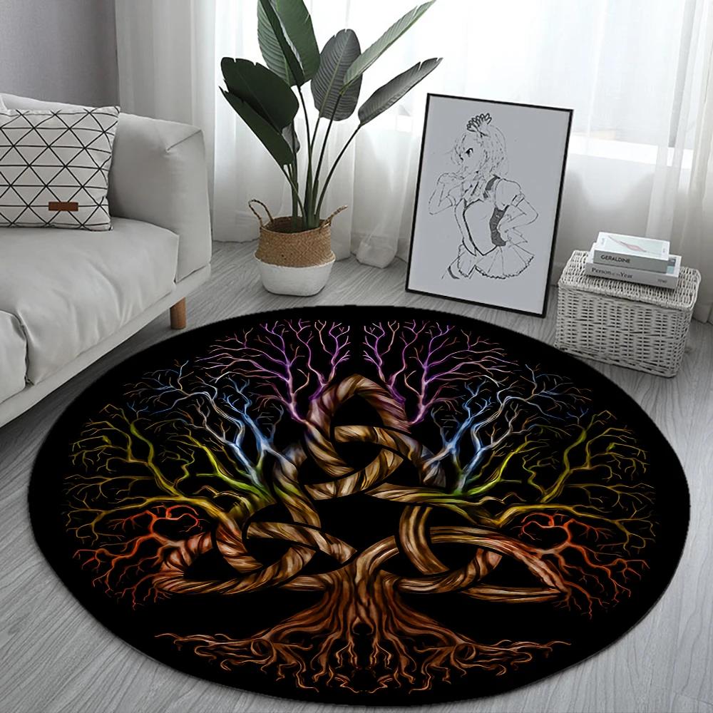 World Tree Round Rug Area Rug Viking Norse Mythology Print Round Carpet Living Room Bedroom Floor Mat Playroom Soft Round Carpet