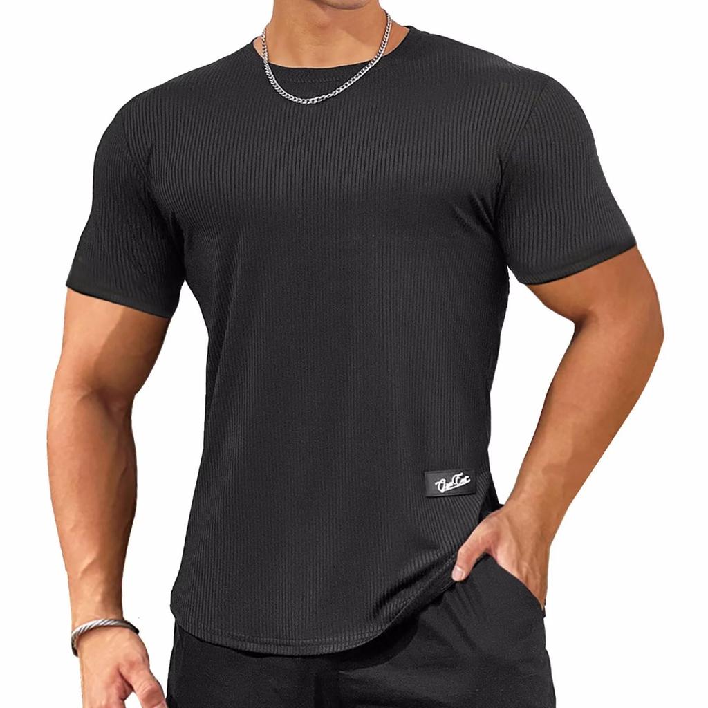 LVFU Men's Gym T-Shirt, Stretch Training Wear, Slim Fit, Short Sleeve, Sports Shirt with Curved Hem, Fitness Top, Black, Size XL, BF-319