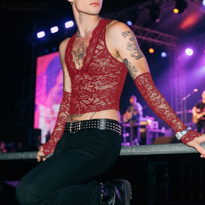 INCERUN Men V Neck Oversleeve Lace See Through Party Club Cropped Tank Tops