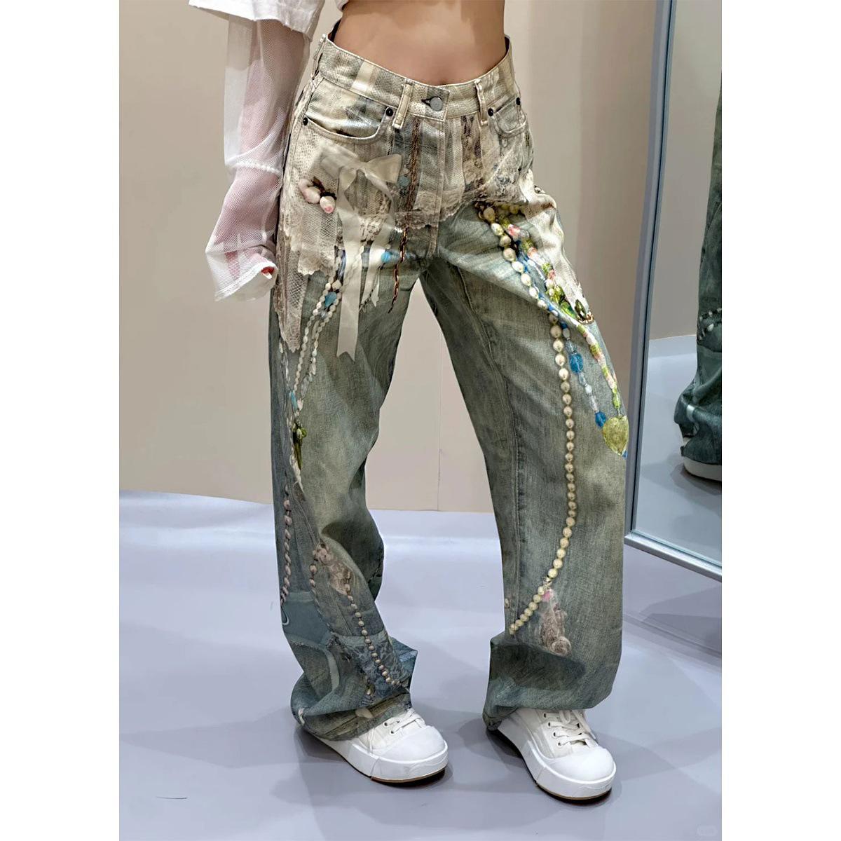 

3D Lace Hem Distressed Casual Jeans with Pearl Chain Print 3XL синій
