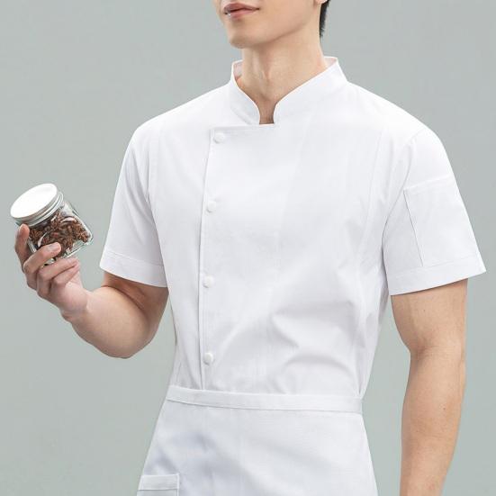 Chef Uniform Stand Collar Short Sleeve Chef Coat Single-Breasted Buttons Solid Color Workwear Professional Chef Apparel