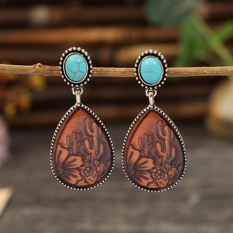 Literary and Retro Ethnic Style Drop-shaped Turquoise Alloy Earrings, Retro Ethnic Style Earrings малиновый