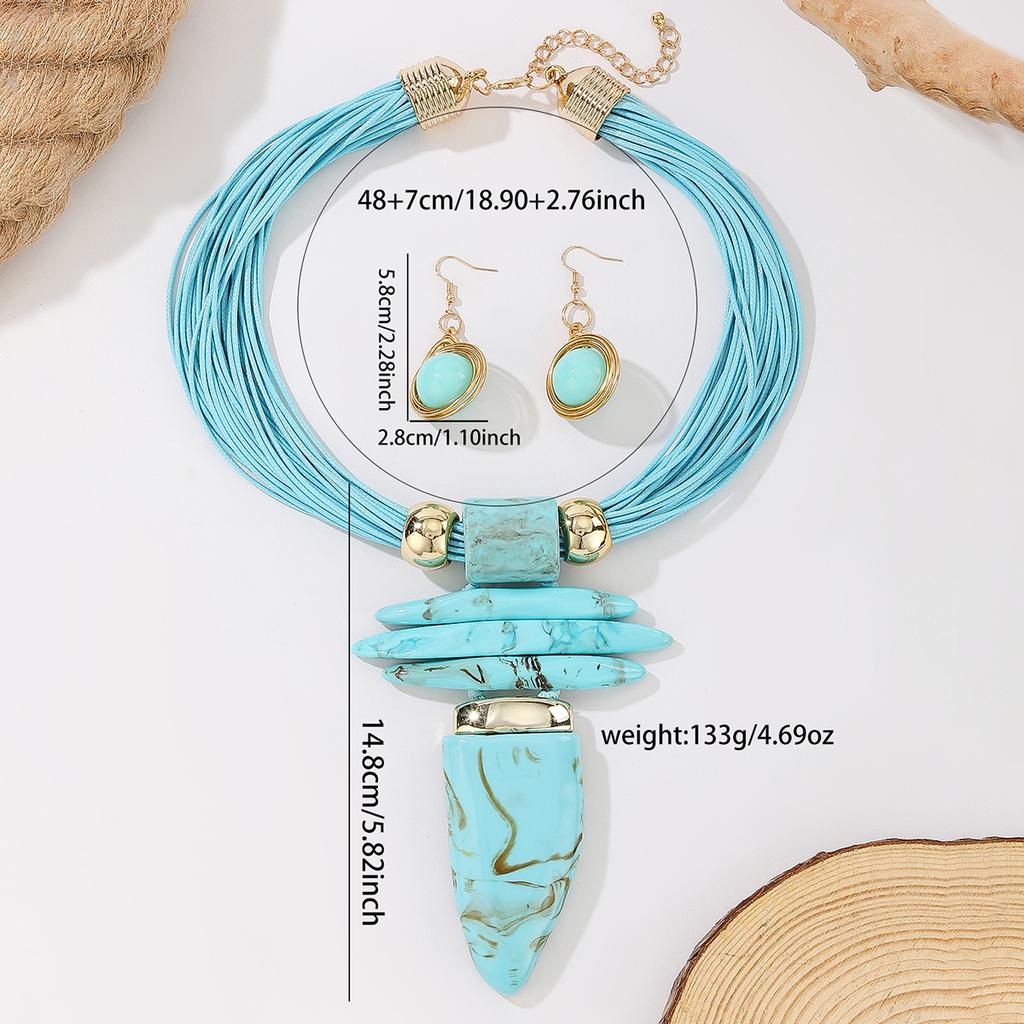 Set de Joyería Occidental Moda Irregular Turquesa Imitación Cuerda de Cera Collar Statement y Pendientes Accesorios de Fiesta para Mujer