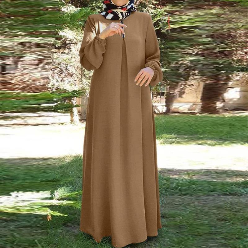 Charming Plus Size Muslim Autumn Skirt Dress: Loose, Long-Sleeved Round Neck