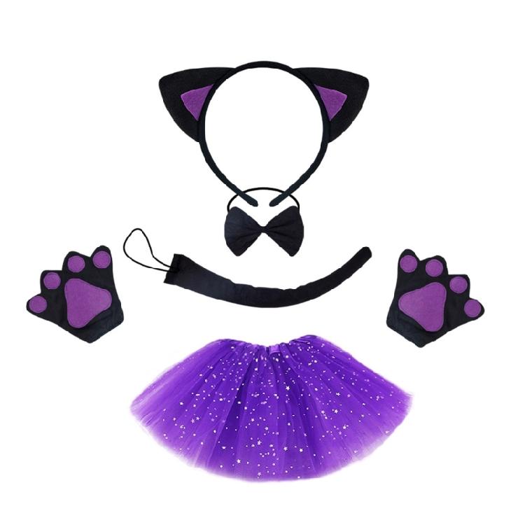 Cats Costume Set with Headband Tail Bowtie Glove Skirt Halloween Catgirl Dress up Outfit for Kid Women Girl Christmas