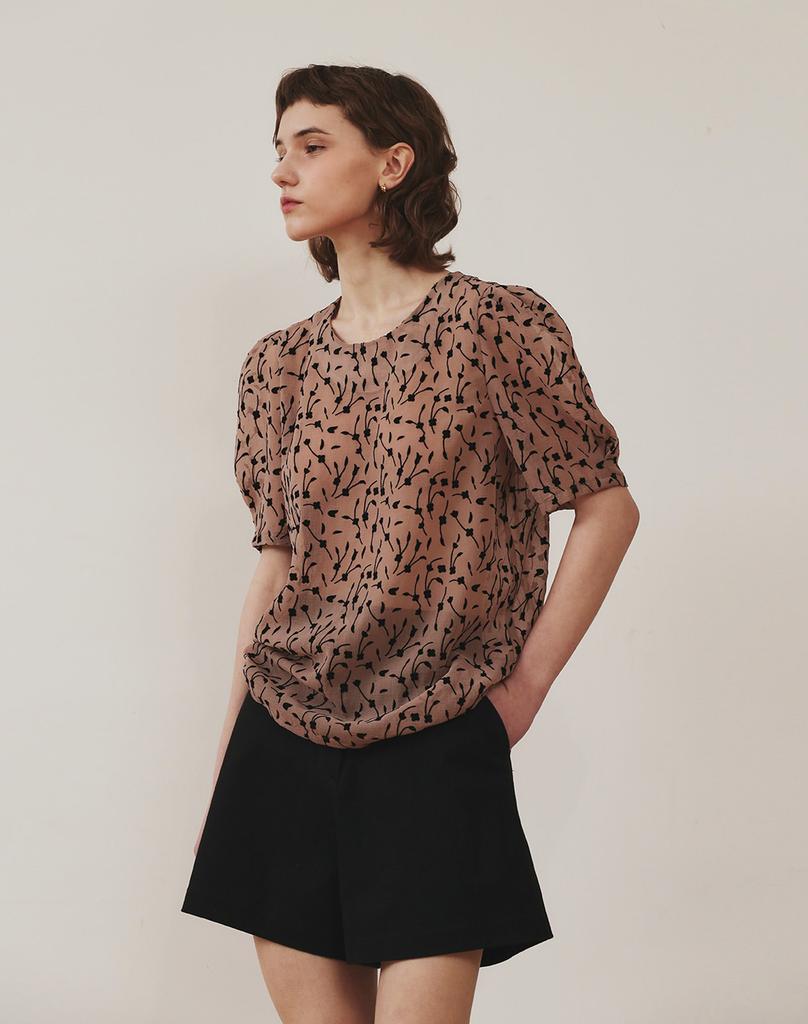 GIEMAR Black Flower Chiffon Blouse Beige