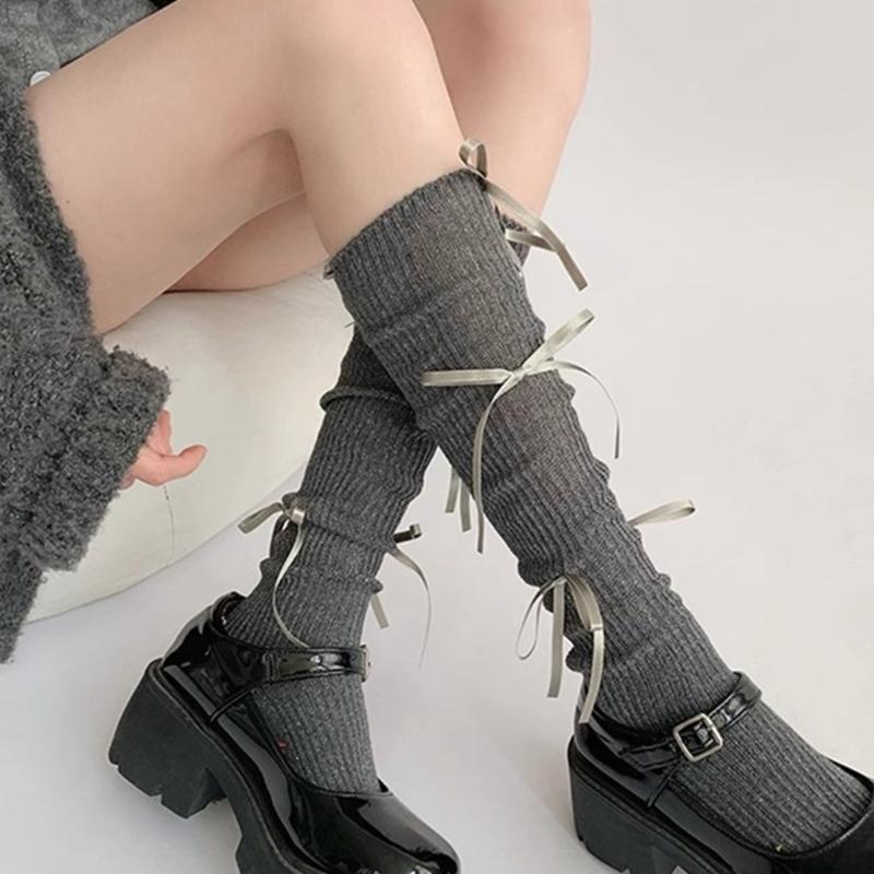 Japanese Style Shimmering Rib Knitted Middle Tube Calf Socks for Women Girls Cute Ribbon Bowknot Long Socks Stockings