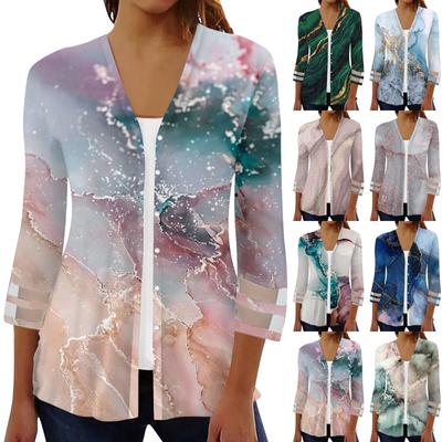 Dames Losse Casual Bedrukte Driekwartmouw Mesh Stiksels Knoop Shirt Vest Top