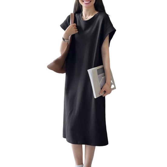 Women T-shirt Dress Round Neck Short Sleeve Loose Fit Casual Dress Solid Color Design Summer Dress Daily Wear