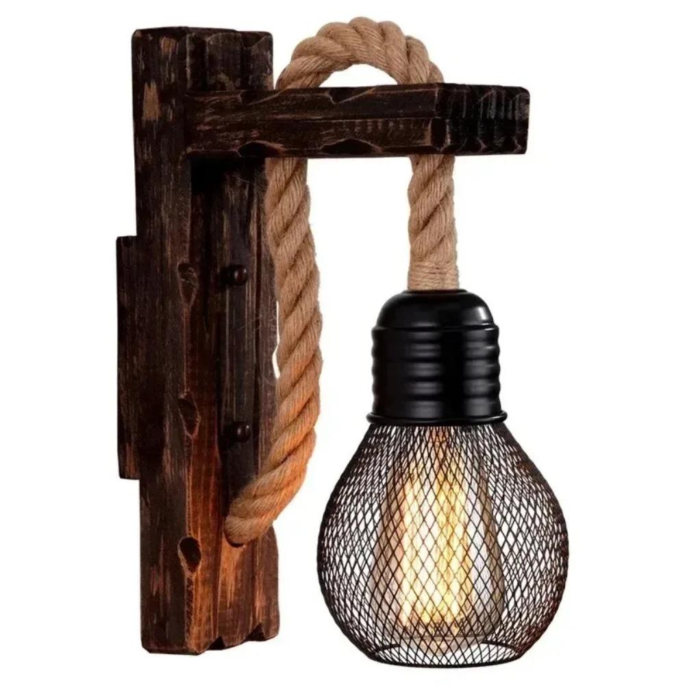 Retro Natural Wood Hemp Rope Wall Light Retro Industrial Wall Pendant Lamp for Bar Bedside Restaurant Bedroom Coffee American