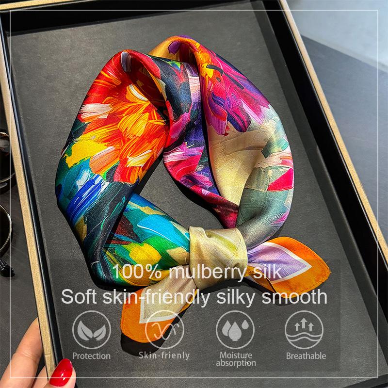 Luxury 100% Mulberry Silk Scarf Women Oil Floral Print Bandana Shawl Lady Neckerchief Handkerchief Female Decorative Wrap 53cm