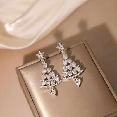 Festival Fashion Gifts Christmas Tree Earrings Shiny Zircon Rhinestone Cute Star Long Earrings Christmas Jewelry Accessories