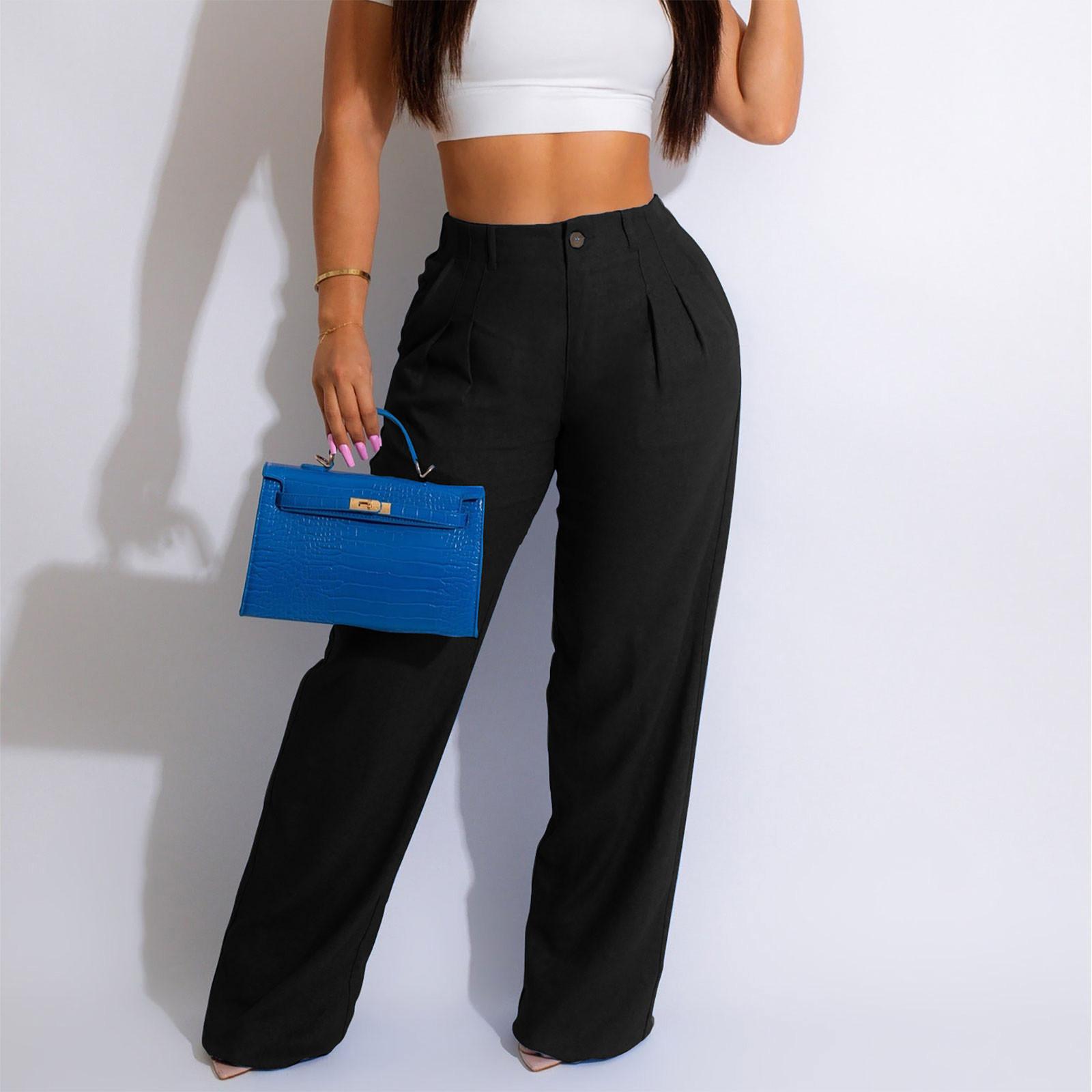 

Women s Color Wide Leg Pants Long Pants Casual Pants High Waist Pleated Pants Loose Waist With Zipper Buttons Casual Pants L чёрный
