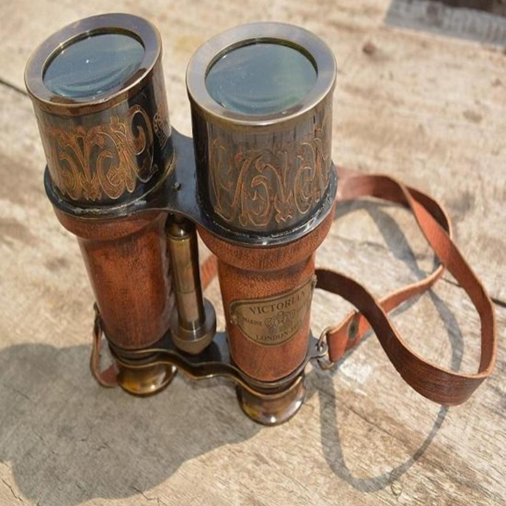 Wysokiej jakości mosiężna lornetka w stylu vintage o antycznym wykończeniu – 16,5 cm, skórzany pokrowiec, prezent dekoracyjny