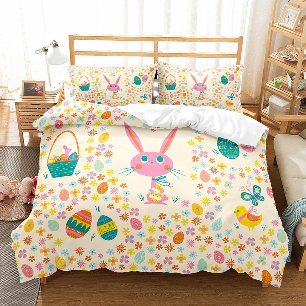 Cartoon Rabbit Duvet Cover Set Twin Queen Colorful Eggs Bedding Set Microfiber Floral Comforter Cover For Girls Boys Easter Gift