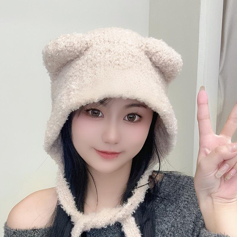 Plush Hat for Women In Winter Warm Bear Lace-up Ear Protection Hat Same Style Lei Feng Hat Showing Face Small Wool Hat Trendy