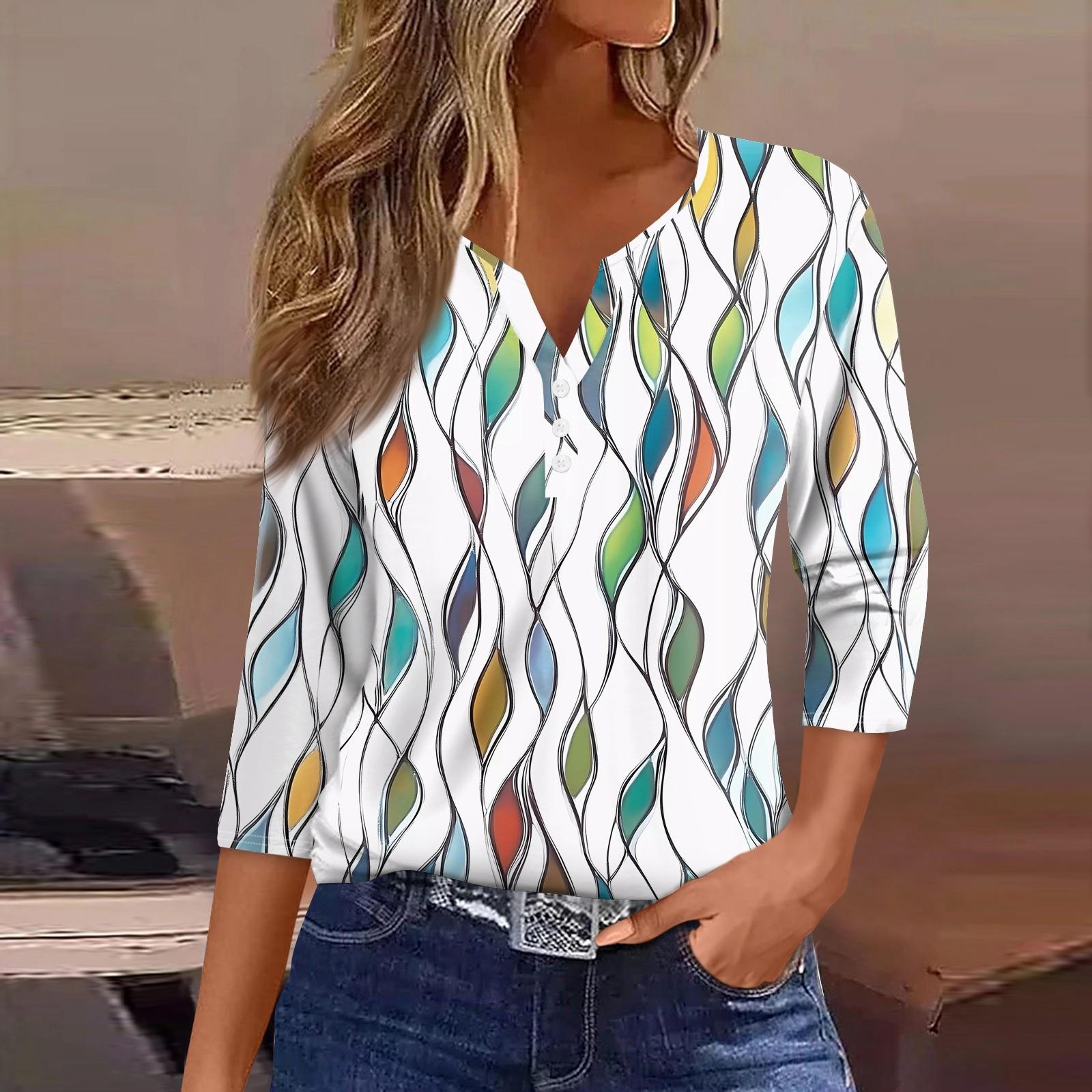 

Жен. Футболка С принтом Пуговицы Рукав 3/4 Повседневные Выходные Мода Классический Классический V-образный вырез Обычный Верх XXXL зелёный