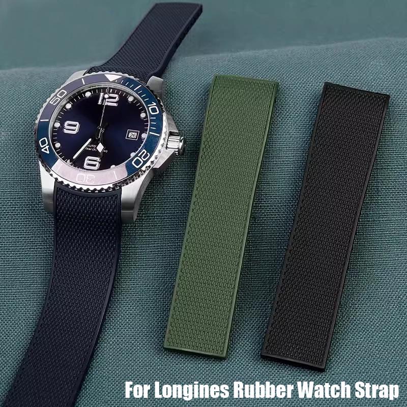 Curved End Rubber Watch Strap for Longines Conquest HydroConquest L3.781 642 742 782 Sports Diving Silicone Blue Watchbands 21mm