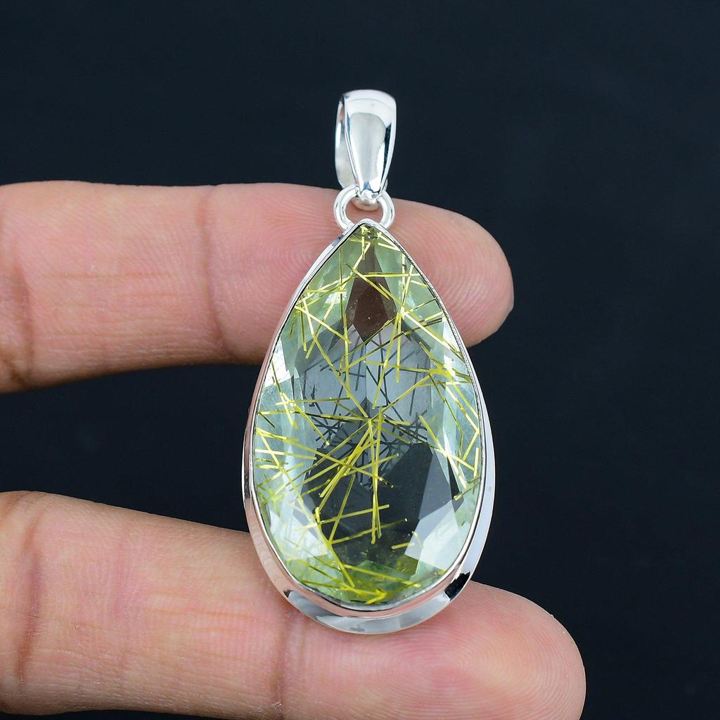 Naturalny Fasetowany Kamień Szlachetny Złoty Rutyl, Srebro Próby 925, Zawieszka, Biżuteria Zawieszka, Ręcznie Robiona Srebrna Biżuteria Zawieszka na Prezent, Prezent Wielkanocny