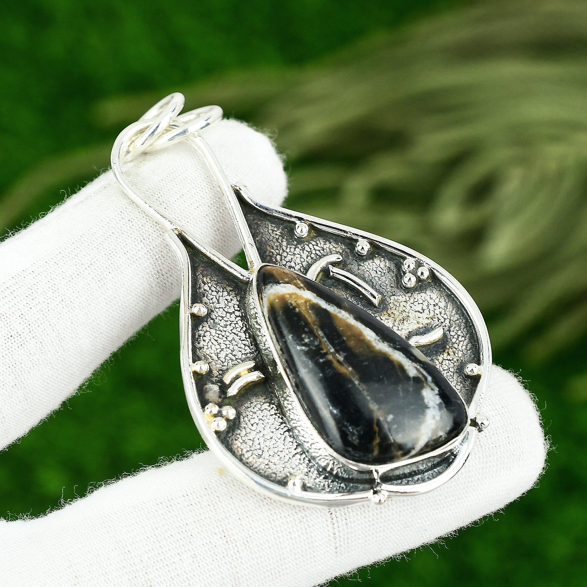 

925 Silver Trillion Picasso Jasper Gemstone Sister Ethnic Artisan Trendy Pendant