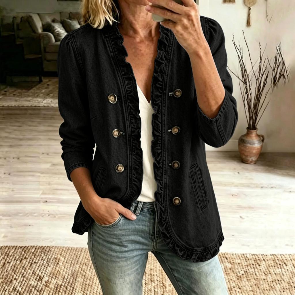 Damska casualowa kurtka dżinsowa z długim rękawem i zapięciem na guziki