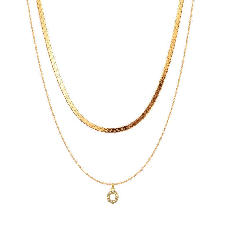 Double Layer Flat Snake Chain Titanium Necklace with 26 Letter Inlaid Diamond
