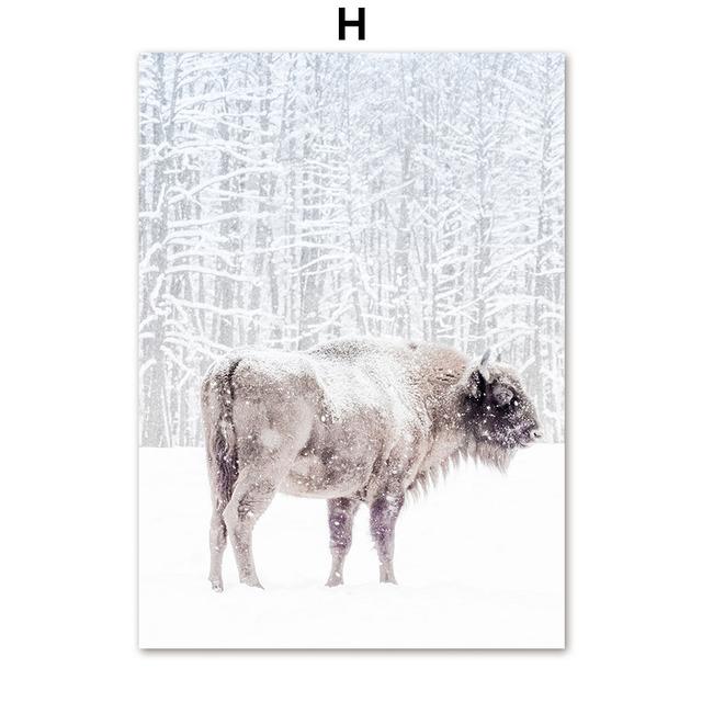 Winter Snow Forest Pineta Cattle Landscape Wall Art Canvas Painting For Living Room Decor Nordic Posters AndPrints Wall Pictures