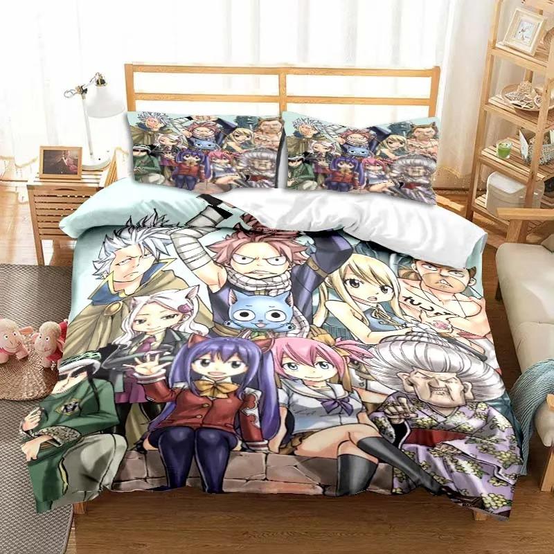 3D Anime Fairy Tail Bedding Set Bed Three-piece Set Duvet Cover Single Double Bed Queen Size Duvet Cover Set Adult Kid's Bedroom Tool