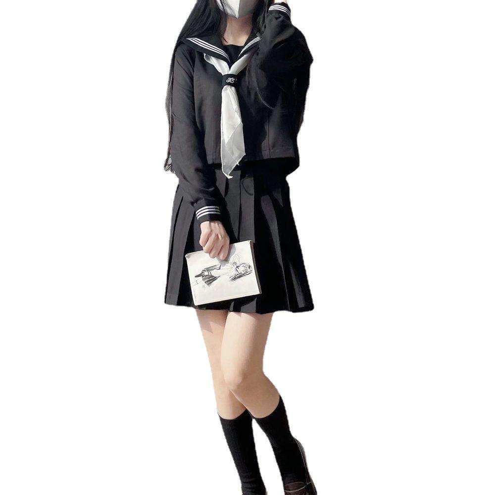 Großformatiges Schwarzes Dreistreifen-Matrosenanzug-Set - Authentischer Japanischer Schulstil für Damen