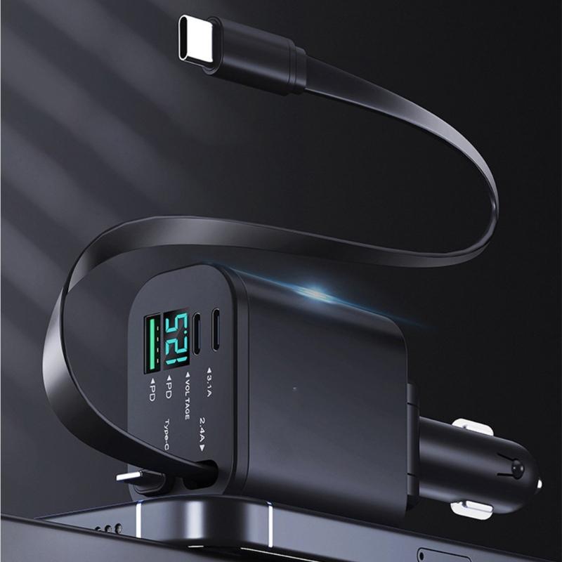 90W Double USB C Auto Charger Type C Retractable Cable Builts In Safety Protections for Multiple Devices Charging