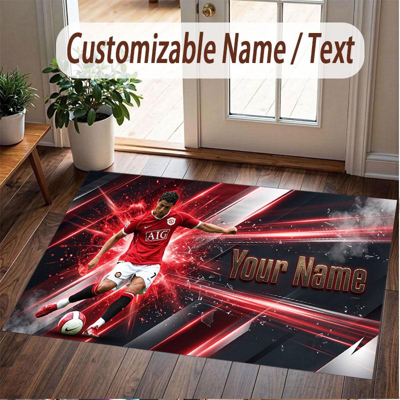 Custom Rug Cristiano Ronaldo Pattern Print Name Text Soft Non‑Slip Floor Carpet for Home Indoor Decoration