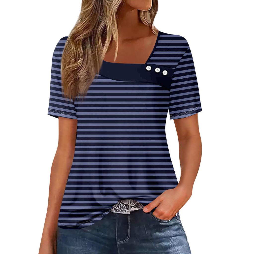 Dámské ležérní tištěné asymetrické tričko s krátkým rukávem a ozdobnými knoflíky