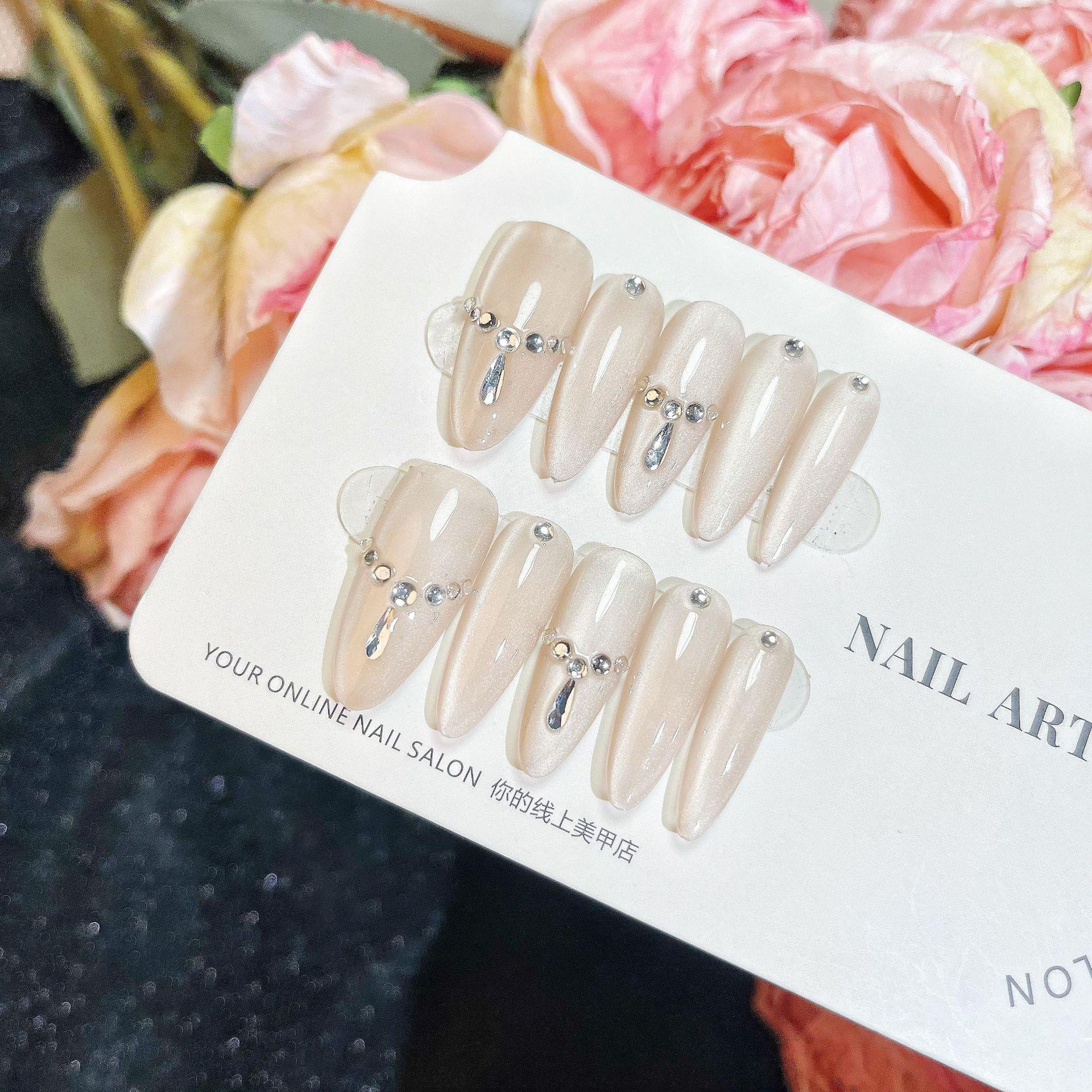 

Luxury Handmade Nude Nail Set with Diamonds Large