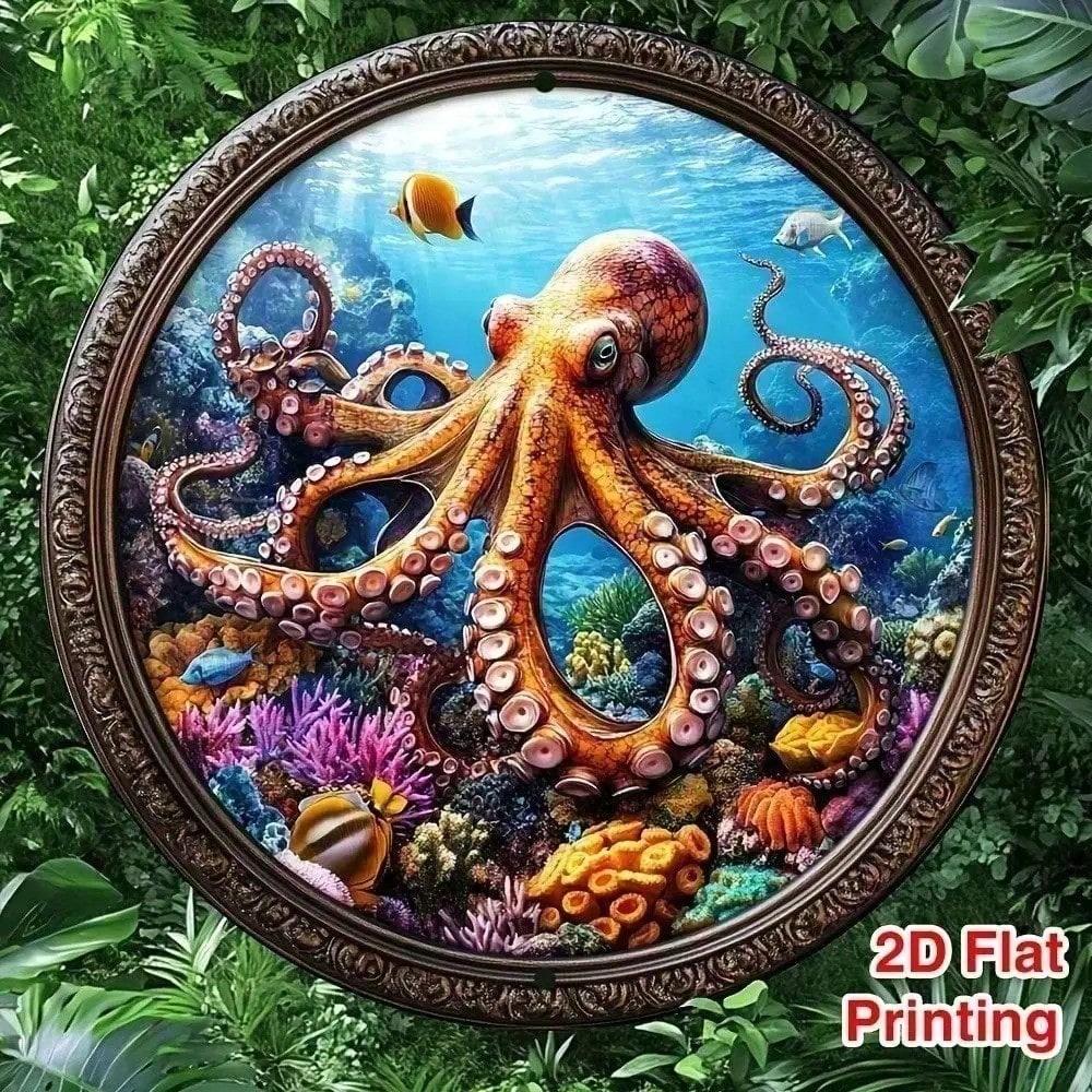 Metal Poster Octopus Vintage, 2D Flat Aluminum Wall Art for Living Room