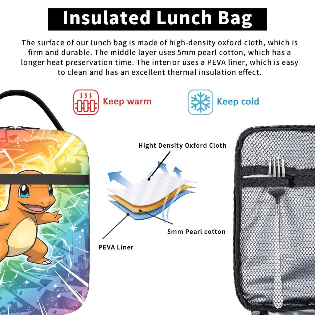 Charmander Rainbow Manga Lunch Bag  Leisure Lunch Box For Women  Outdoor Picnic Cooler Bag Oxford Thermal Tote Handbags