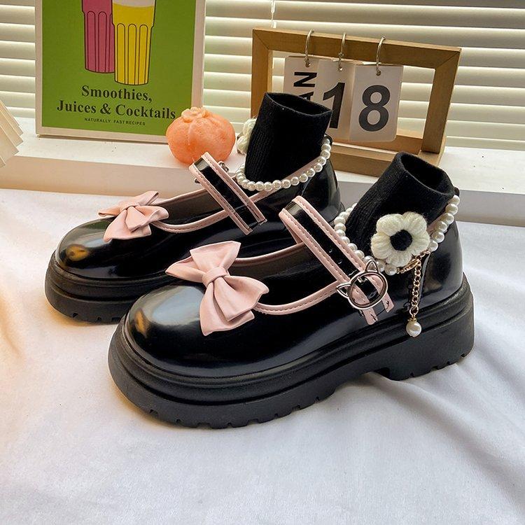 

Women Kawaii Lolita Shoes Japanese Style Vintage Student Girls Pearl Bow Comfort Pumps Round Head Platform High Heels 35 чёрный