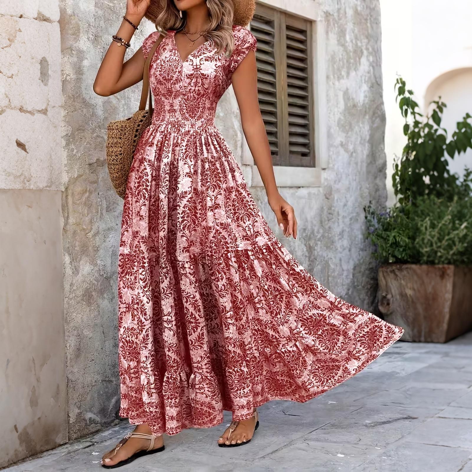 

Women Vintage Printed V Neck Waist Cinched Maxi Dress Short Sleeve Casual Boho Style Summer Long Dress M червоний
