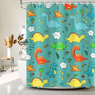 JAWO Blue Cartoon Dinosaur Shower Curtain Kids, Cartoon Dinosaur Curtains Colorful Animals Plants for Boys Girls Polyester Fabric Shower Curtain Sets