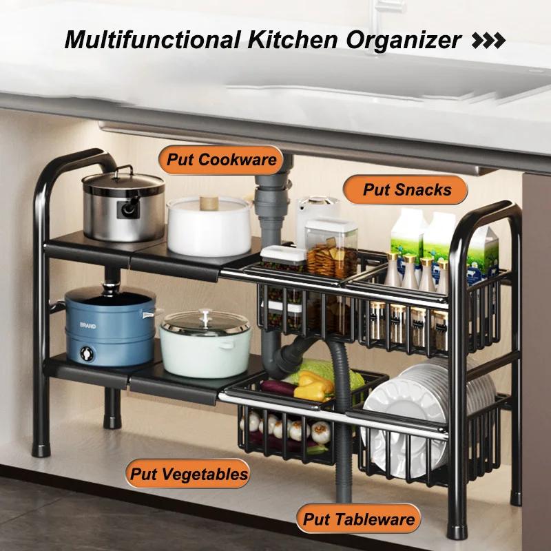 Kitchen Under Sink Adjustable Pot Rack Multifunctional Dish Pans Snacks Cookware Storage Rack Countertop Cabinet Storage Basket
