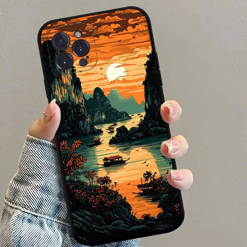Landscape Painting Square Matte Silicone Case For Iphone17 Air 16 15 14 13 12 11 Pro Max Plus Matte Basic Cover Case