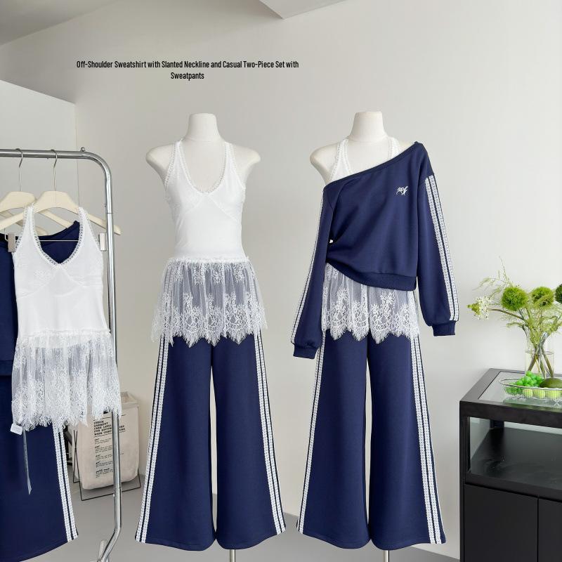

WESTAYONE Off-Shoulder Sweatshirt & Sweatpants Set - Spring/Autumn Casual Fashion. S [below 95 lbs]