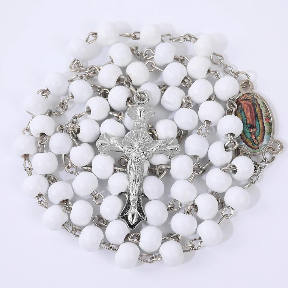 Dřevěný růženec Náhrdelník Pro Ženy Muže Náboženský Panna Marie Kříž Přívěsek 6MM Dlouhý Korálky Řetízek Katolický Modlitební Večírek Šperky