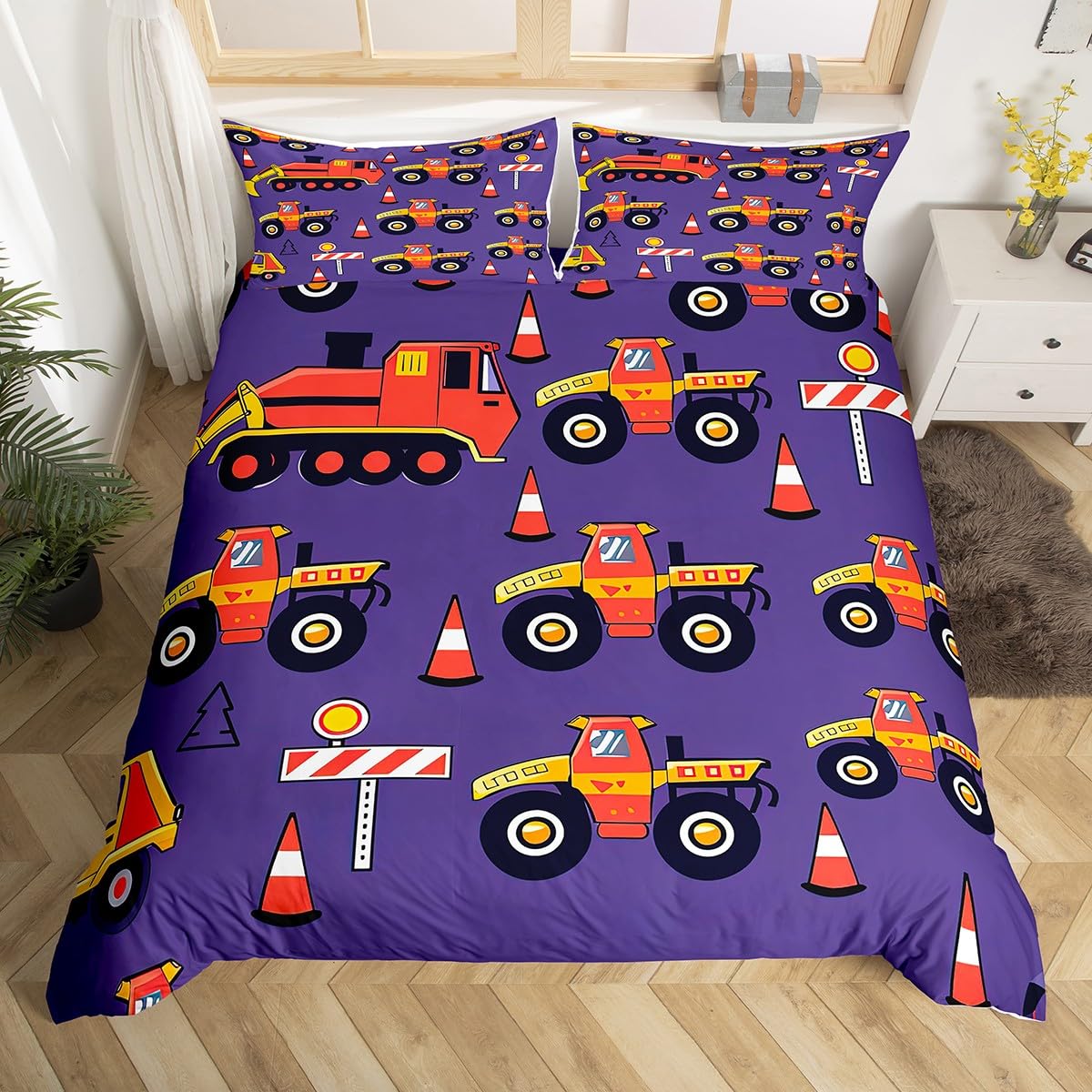 

Excavator Dinosaur Duvet Cover Queen Construction Vehicles Bedding Set Equipment Trucks Comforter Cover Microfiber Quilt Cover EU Single(135x200cm)