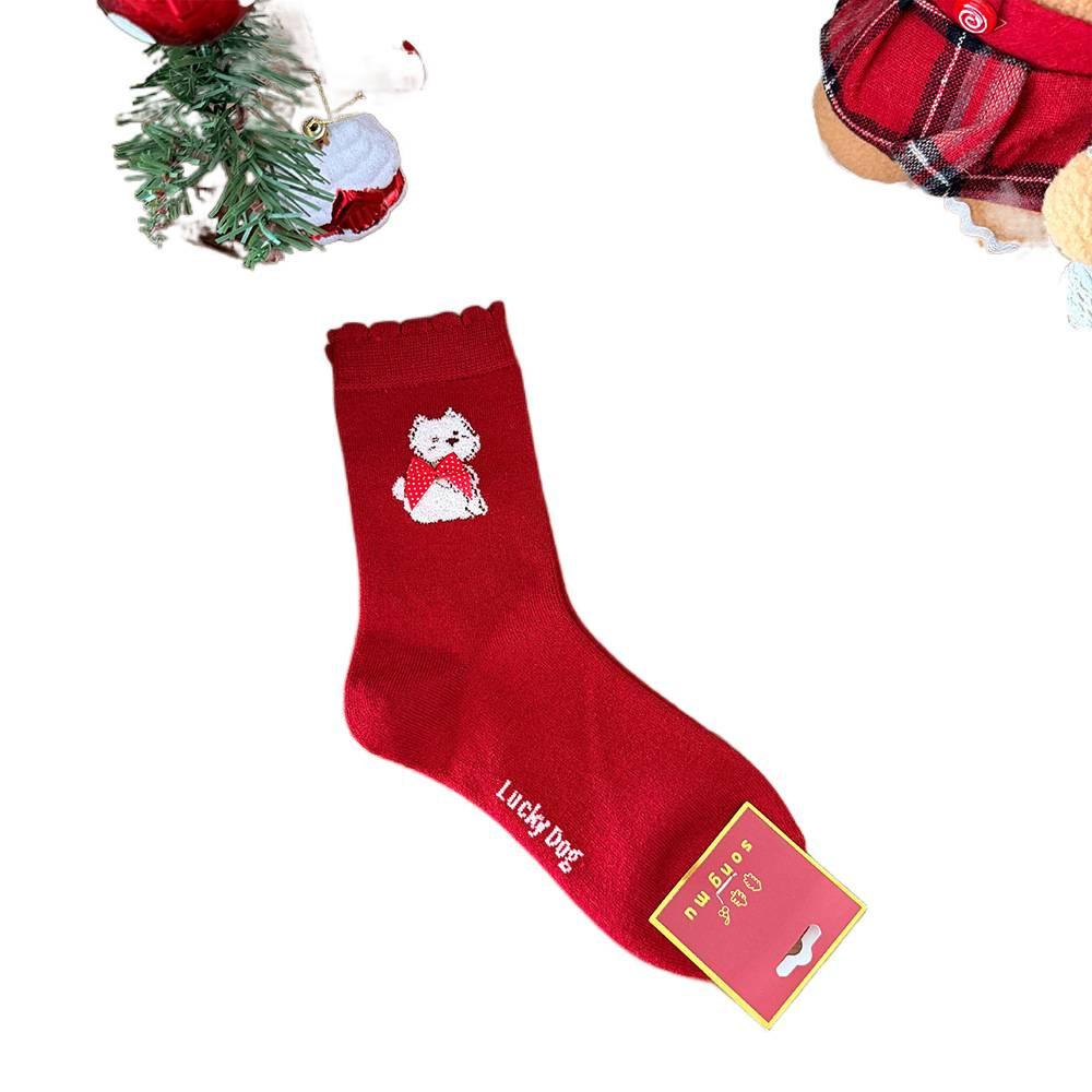 Lucky Little Dog Socks, Silk and Wool, Red Socks for Girls, Warm In Autumn and Winter, New Year, Pile Up Socks for Girls