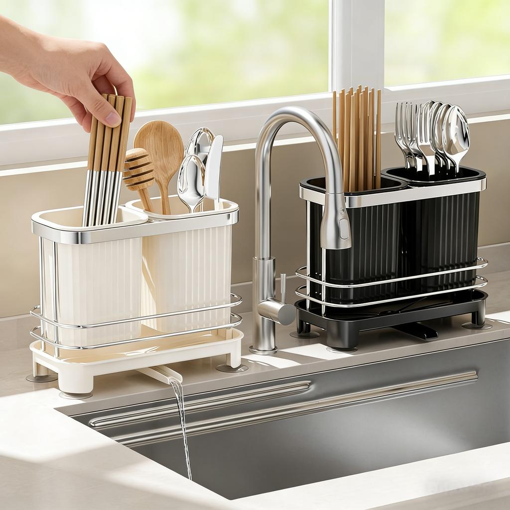 Kitchen Countertop Storage Organizer Self Draining Cutlery Drainer Utensil Holder Spoon Chopstick Cage For Household Use