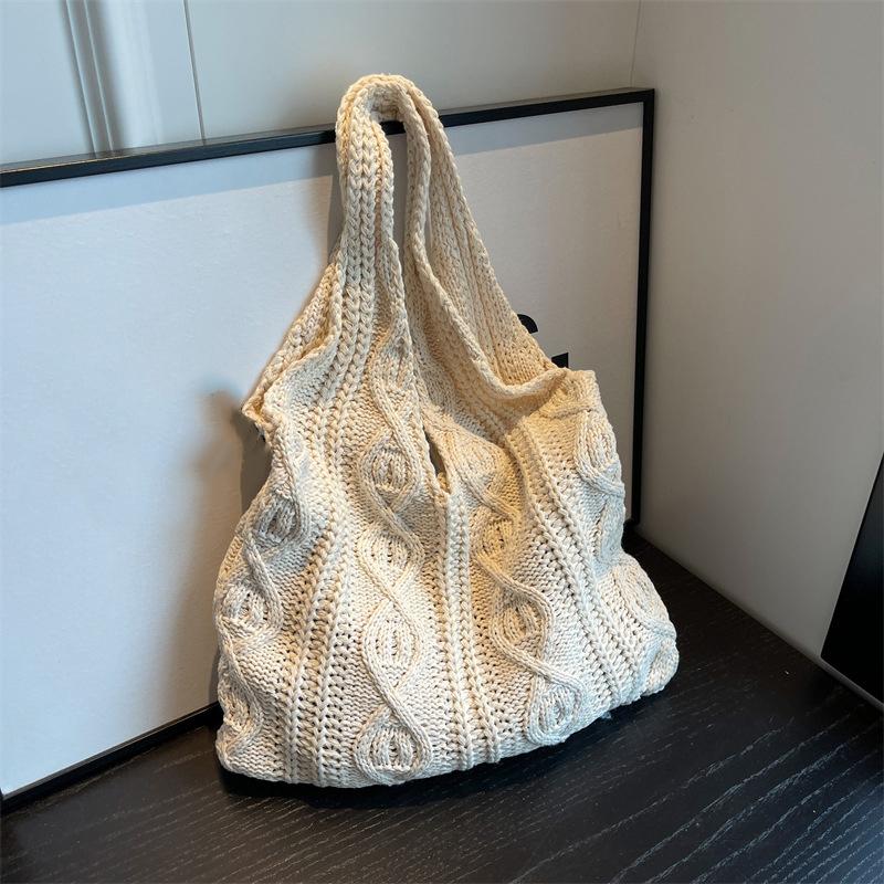 Wool Knitted Shoulder Shopping Bag for Women Vintage Cott Cloth Girls Tote Shopper Bag Large Female Handbag Crochet Bag