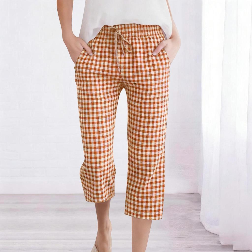 Women's Fashion Tartan Print Elastic Waistband Pocket Loose Casual Seven-Eighths   7/10  PantS