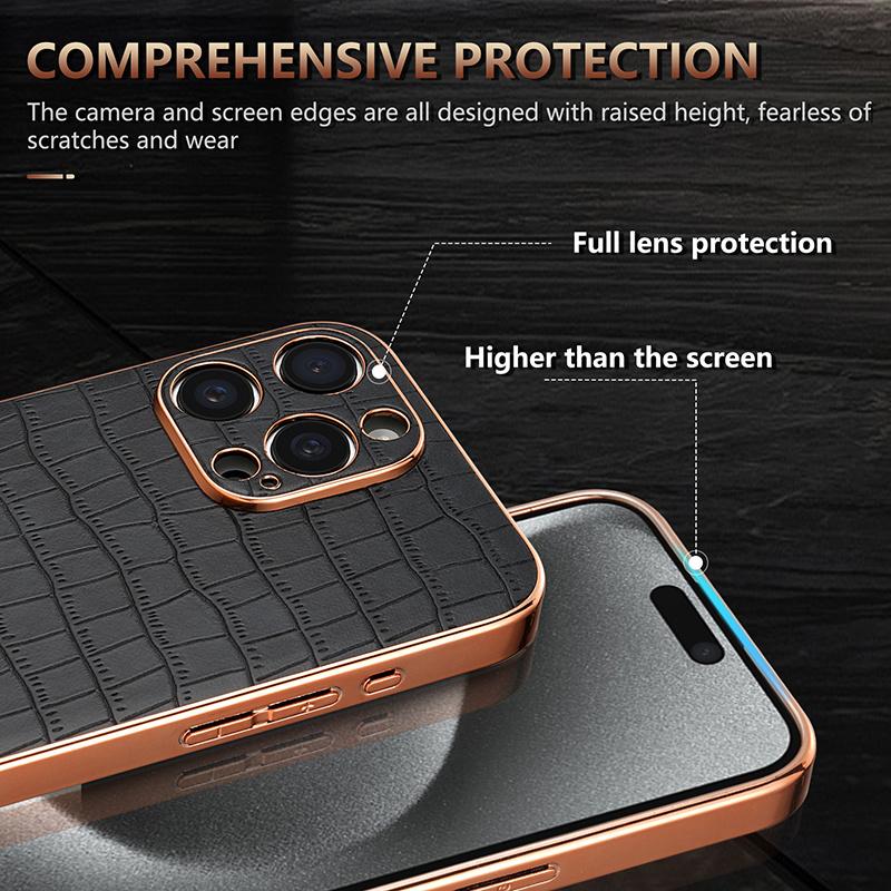 Fashion Crocodile Pattern Electroplating Design Leather Phone Case For iPhone 16 16E 15 14 13 12 11 Pro Max Plus Back Cover